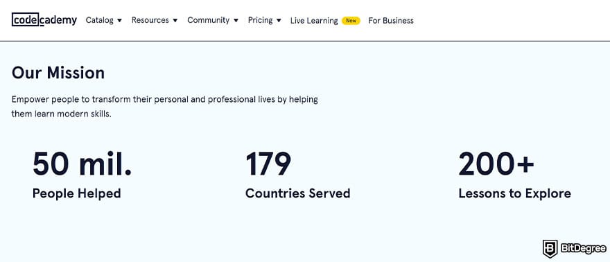 DataCamp vs Codecademy: Codecademy mission and statistics.