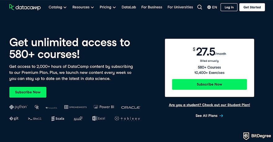 DataCamp vs Codecademy: unlimited access to more then 580 courses on DataCamp.