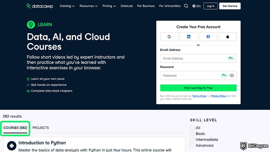 DataCamp vs Codecademy: Datacamp page with search results of 582 courses.