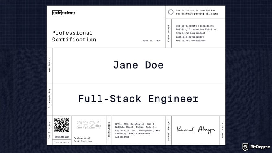 DataCamp vs Codecademy: Codecademy professional certification example.