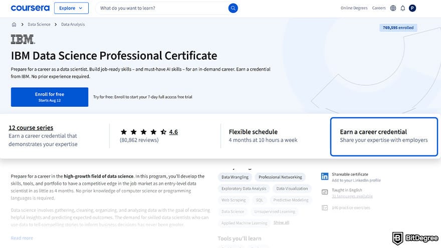 Datacamp vs Coursera: earn a career credential on IBM data science course.