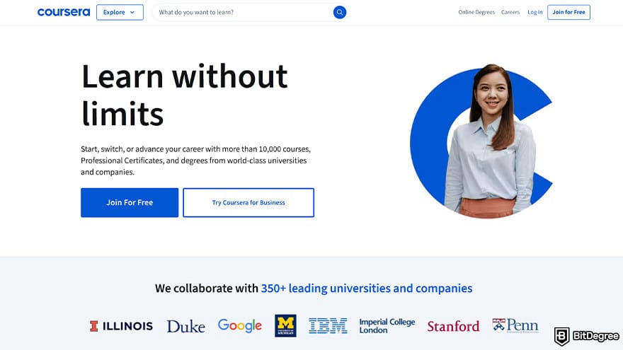 Datacamp vs Coursera: Coursera homepage.