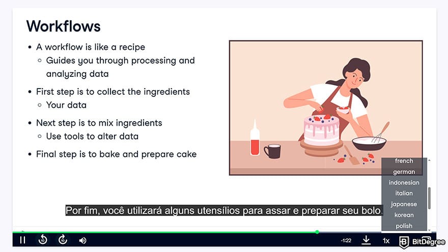 Datacamp vs Coursera: Datacamp video lesson with different languages for subtitles.
