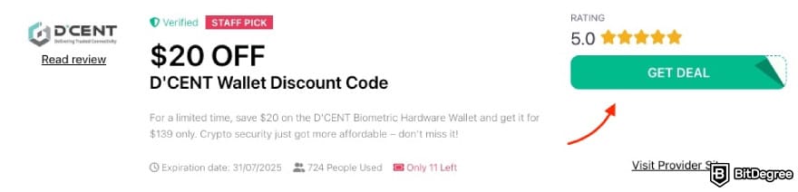 D'CENT Wallet discount code: a red arrow pointing to the [GET DEAL] button on BitDegree's page.