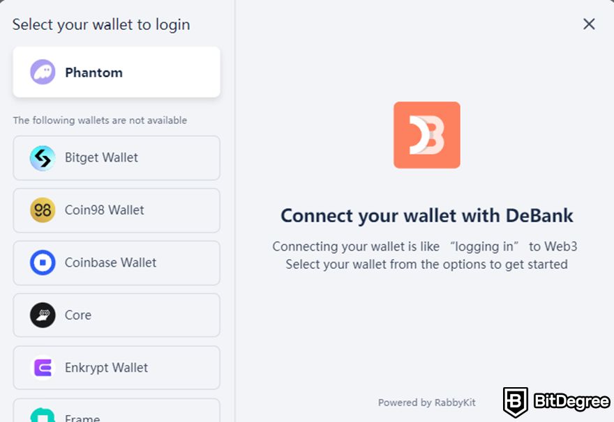 DeBank review: the wallet options during signing up.