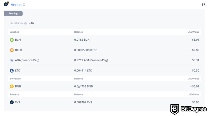 DeBank review: transaction details on the Venus protocol in a DeBank user.