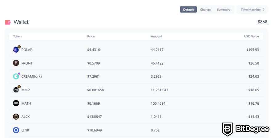 DeBank review: the "Wallet" section in the portfolio page.