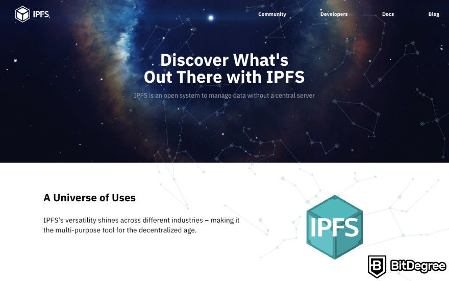 Decentralized file storage: IPFS.
