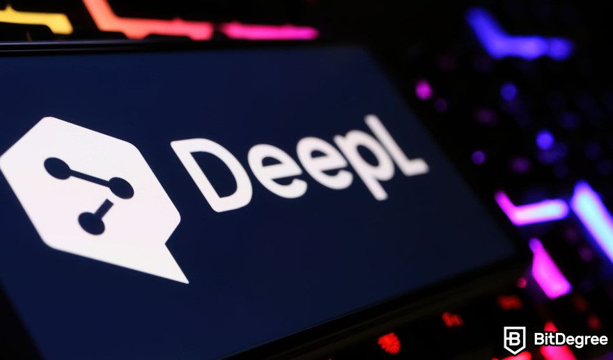 DeepL review: DeepL logo on phone screen.