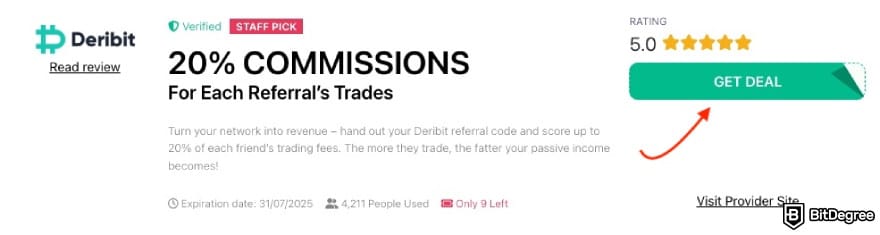 Deribit referral code: a red arrow pointing to the [GET DEAL] button on BitDegree's page.