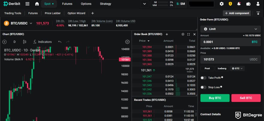 Deribit referral code: the spot trading interface.