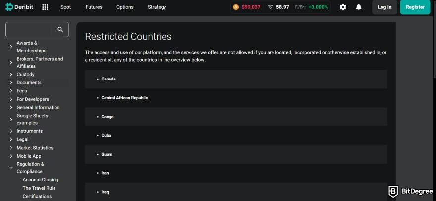 Deribit review: restricted countries.