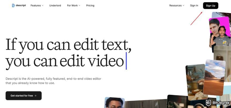 Descript promo code: a red arrow pointing to the Sign Up button.