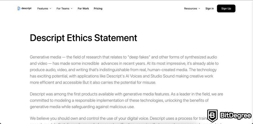 Descript review: Ethics statement page.