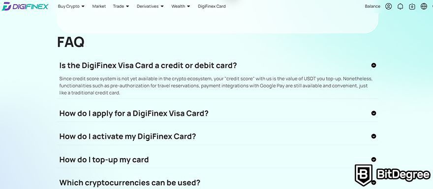 DigiFinex Review: crypto card FAQ section.