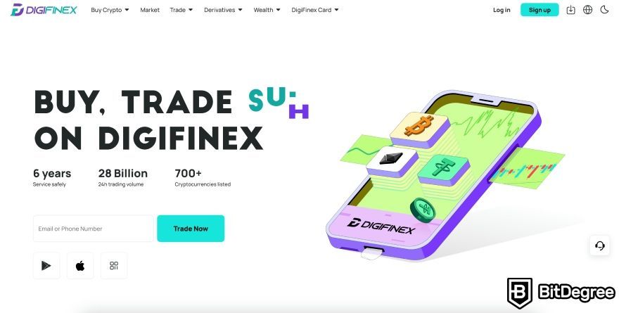 DigiFinex review: the homepage of the exchange.