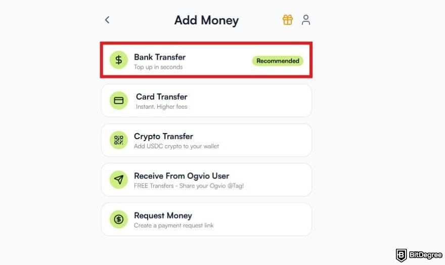 Does PayPal work in Nigeria: a list of available deposit methods on Ogvio with the bank transfer option highlighted.