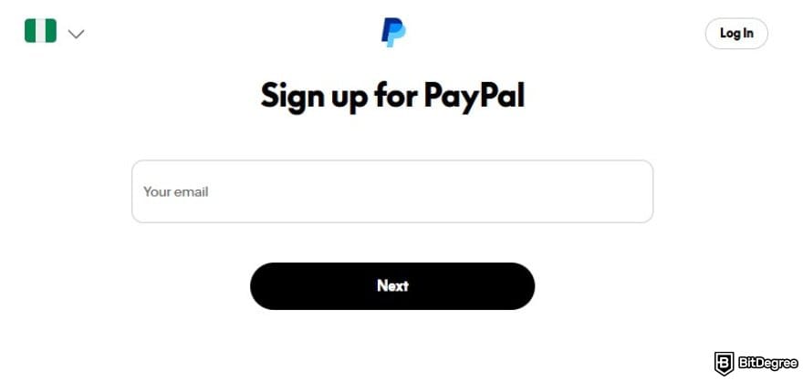 Does PayPal work in Nigeria: the email page when signing up for PayPal.