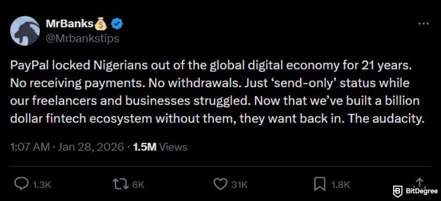 Does PayPal work in Nigeria: an X post from MrBanks.