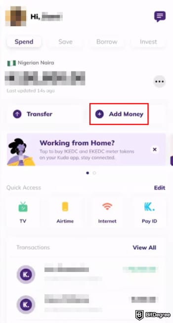 Does Revolut work in Nigeria: Kuda Bank app highlighting the Add Money option. Does Revolut work in Nigeria: Kuda Bank app highlighting the Add Money option.