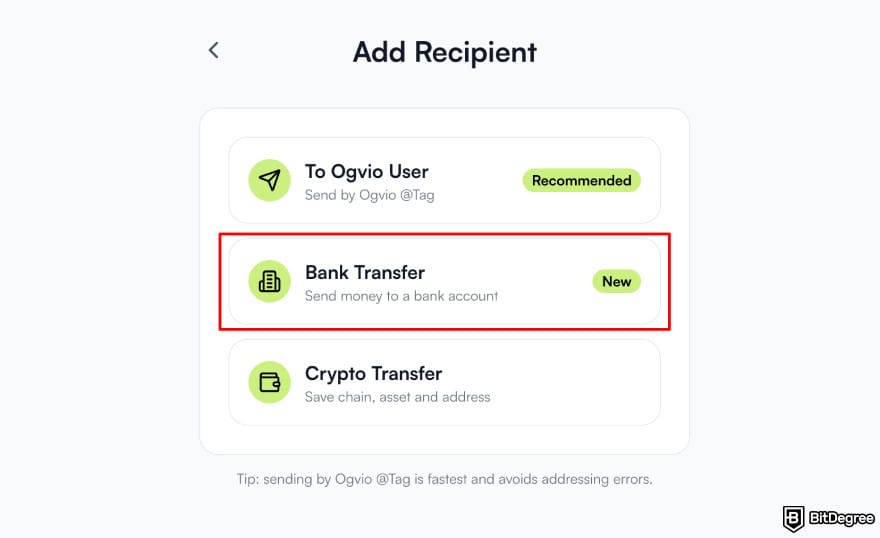 Does Revolut work in Nigeria: Ogvio add recipient highlighting the Bank Transfer option. Does Revolut work in Nigeria: Ogvio add recipient highlighting the Bank Transfer option.