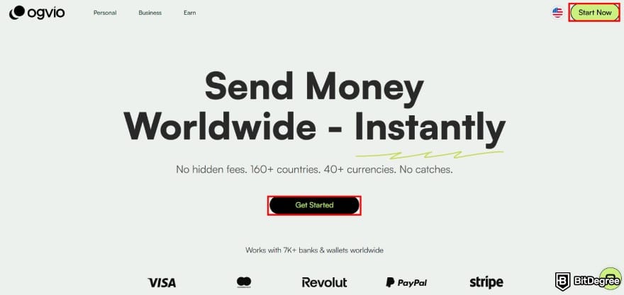 Does Wise work in Nigeria: the [Start Now] and [Get Started] buttons highlighted on Ogvio's homepage.