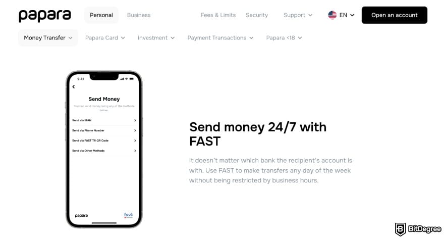 Does Wise work in Turkey: Papara send money page.