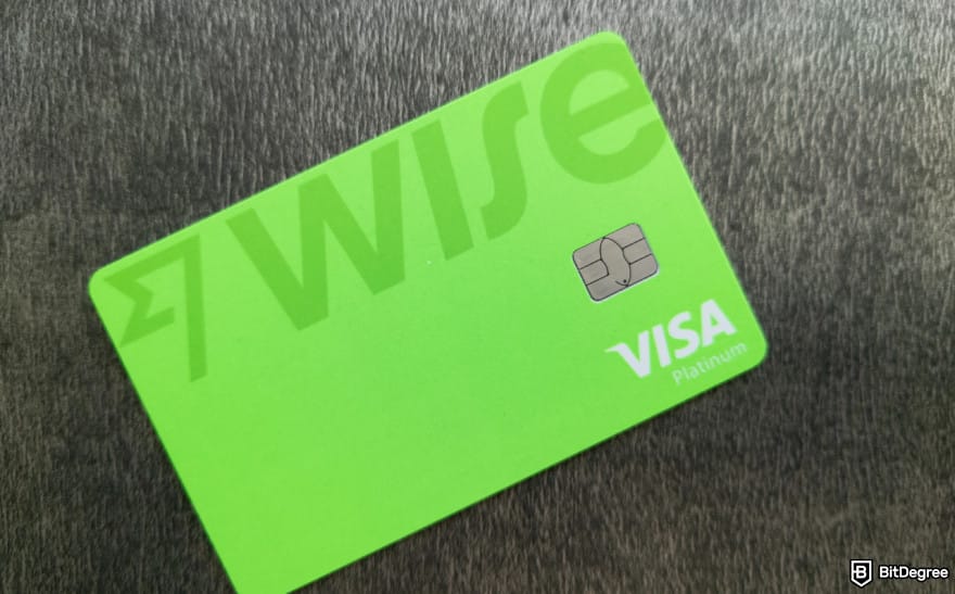 Does Wise work in Turkey: Wise card on a gray background.