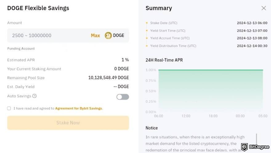 Dogecoin staking: Flexible Savings Summary page.