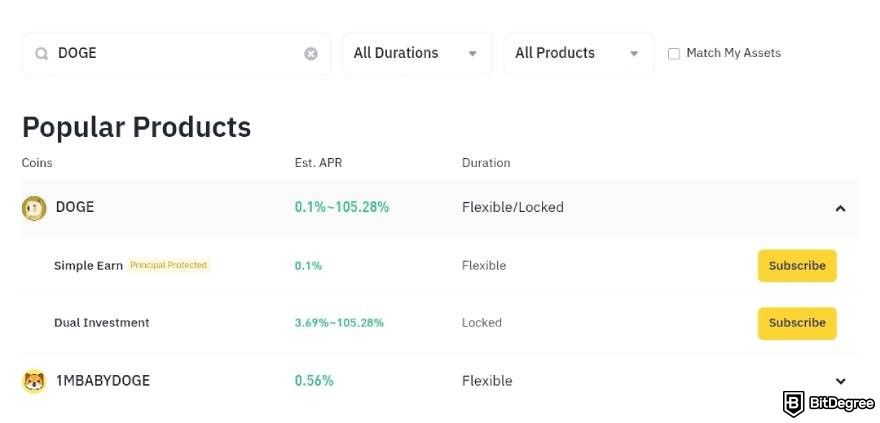 Dogecoin staking: "Popular Products" page on Binance Earn.