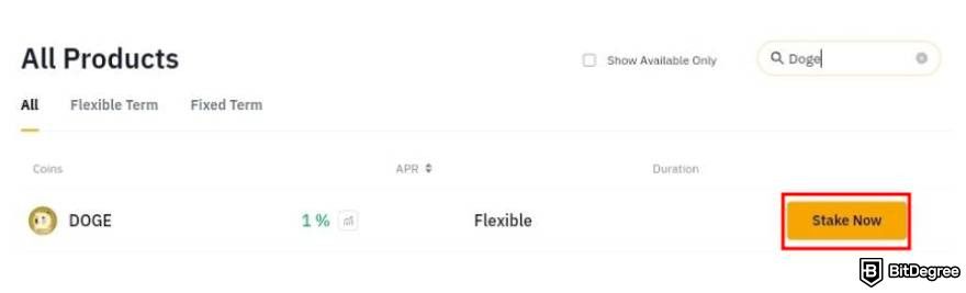 Dogecoin staking: "All Products" section on Bybit Savings.