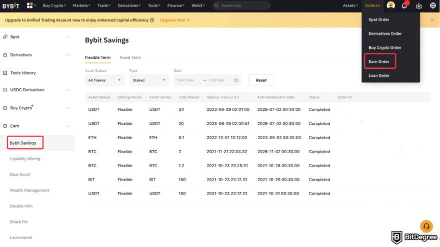 Dogecoin staking: order history page.