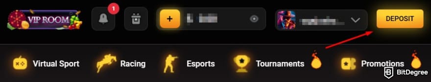 Donbet casino review: a red arrow pointing to the [Deposit] button.