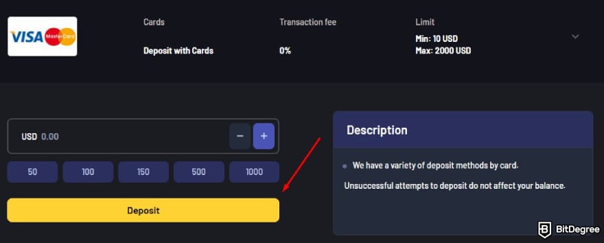 Donbet casino review: a red arrow pointing to the [Deposit] button.