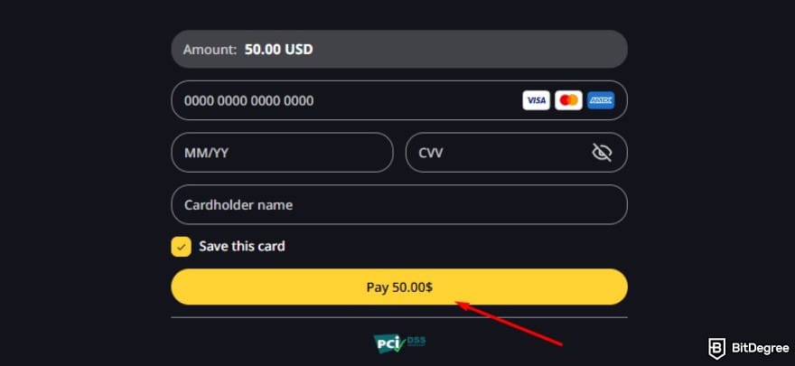Donbet casino review: a red arrow pointing to the [Pay 50] button.