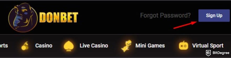 Donbet casino review: a red arrow pointing to the [Sign Up] button.