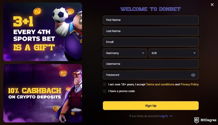 Donbet casino review: Donbet's sign up page.