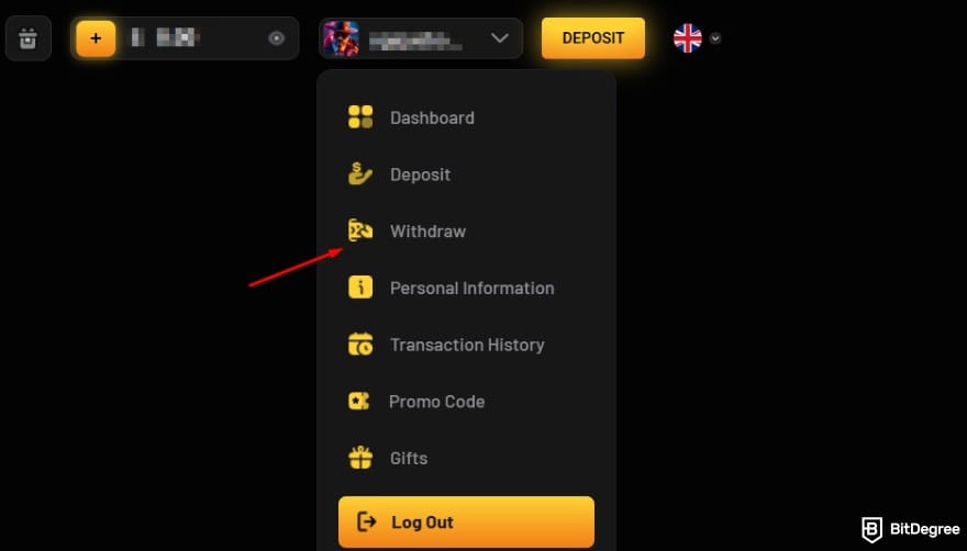 Donbet casino review: a red arrow pointing to the [Withdraw] button.