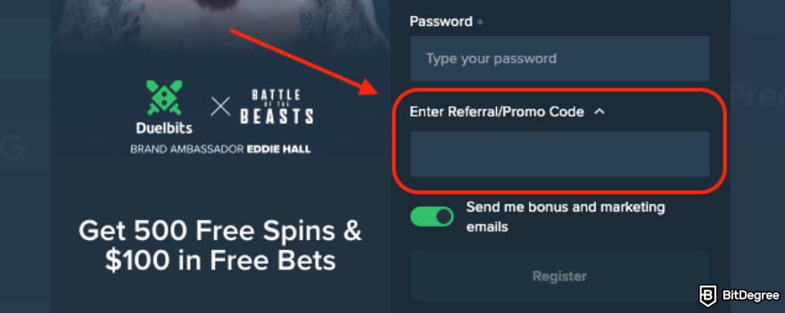 Duelbits promo code: the field to type in your Duelbits referral or promo code. Duelbits promo code: the field to type in your Duelbits referral or promo code.