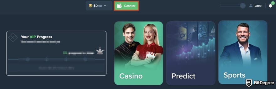 Duelbits review: the [Cashier] button on Duelbits outlined.