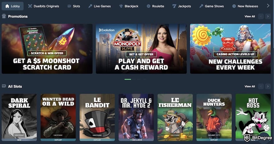 Duelbits review: Duelbits' casino lobby.