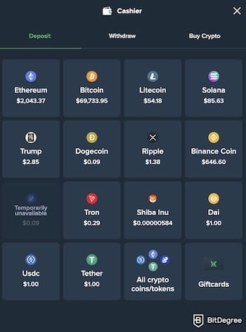 Duelbits review: the crypto options on Duelbits.