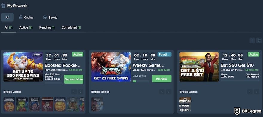 Duelbits review: Duelbits' promotion dashboard on a user's profile.