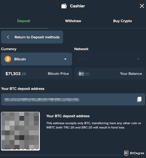 Duelbits review: the deposit form on Duelbits, showing Bitcoin as the currency.