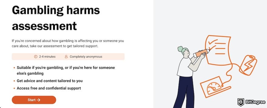 Duelbits review: gambling harms assessment tool by Gamble Aware.