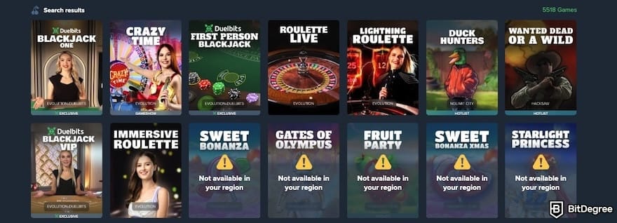 Duelbits review: games on Duelbits labeled as not available in a certain region.