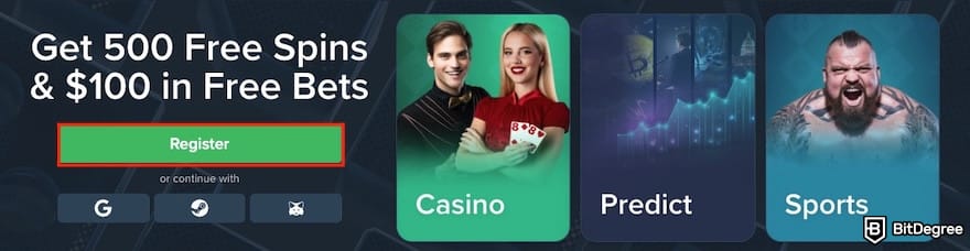 Duelbits review: the [Register] button on Duelbits outlined.