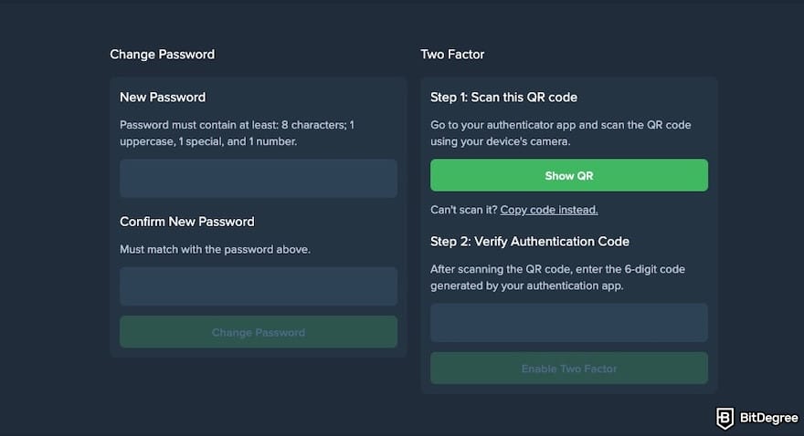 Duelbits review: the security settings on Duelbits.