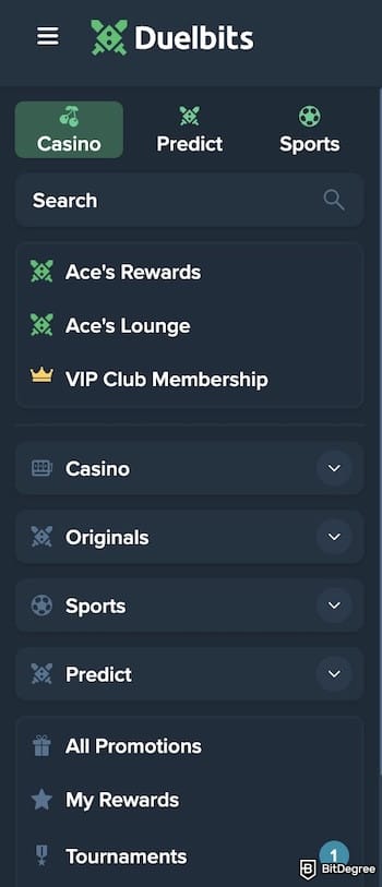 Duelbits review: Duelbits' sidebar.