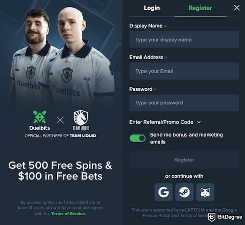 Duelbits review: Duelbits' sign-up form.